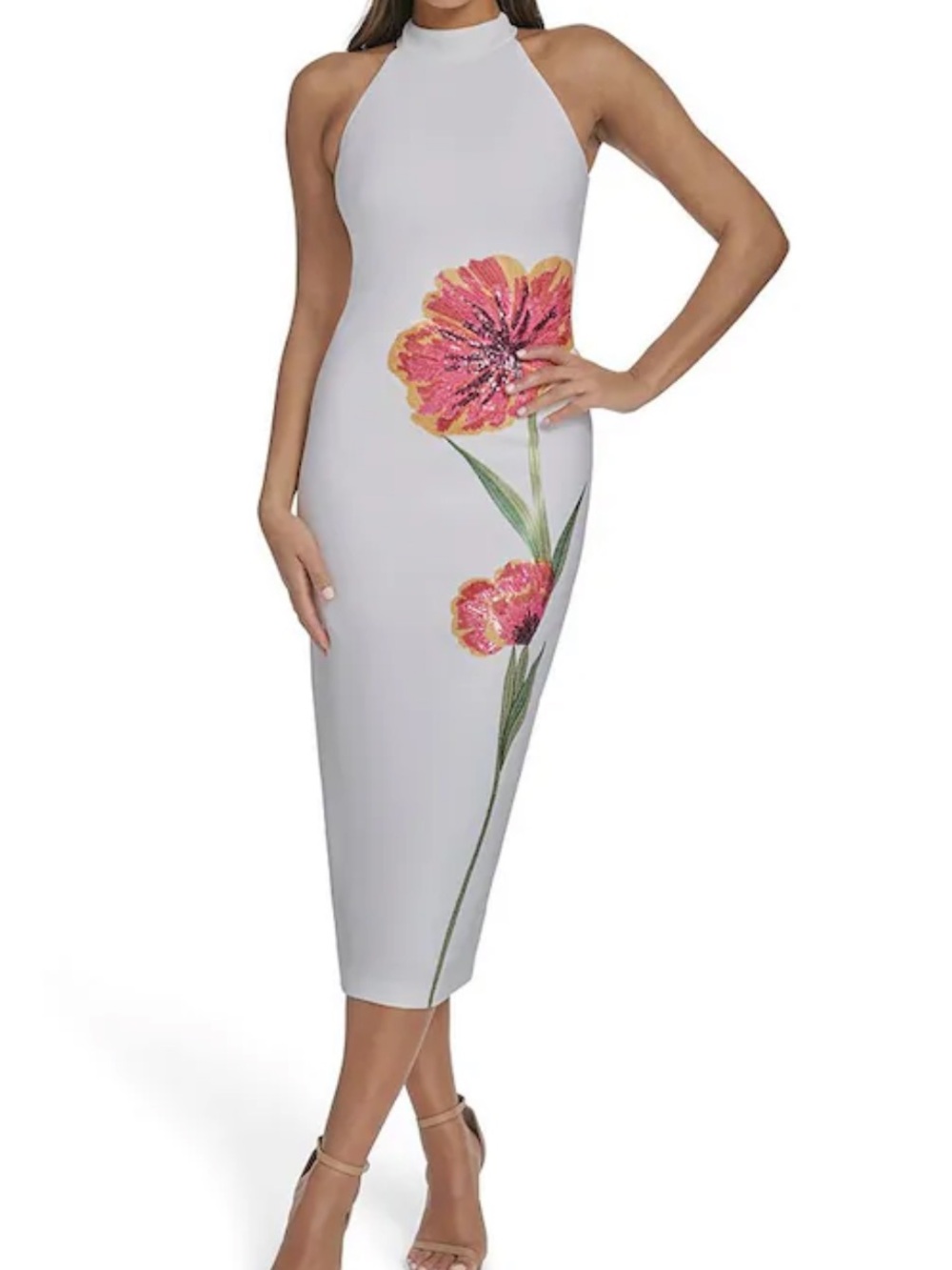 Vince Camuto White Sleeveless Midi Dress with Pink Floral Accent